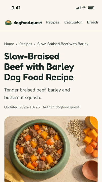 Dogfood app showing a slow-braised beef and barley recipe for dogs
