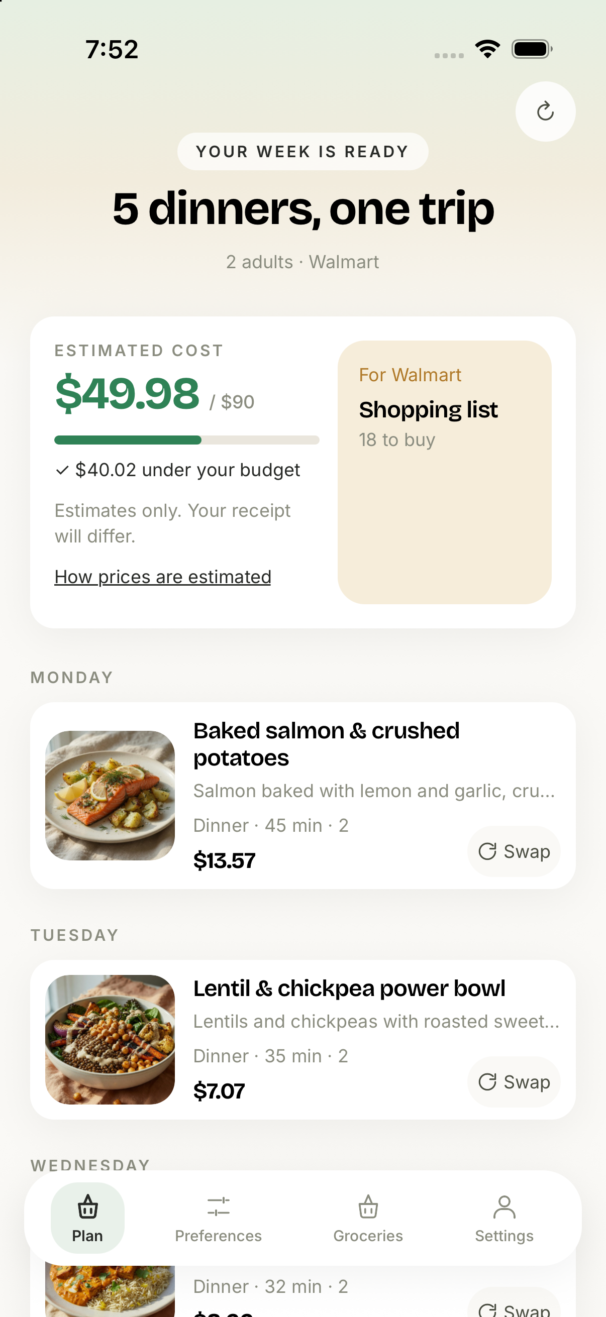 Easy Mart meal plan with recipe photos, estimated household costs and swap buttons
