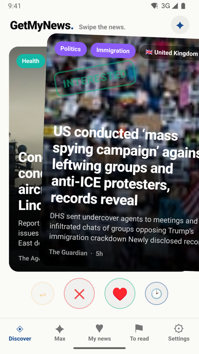 GetMyNews app showing a full-screen news card