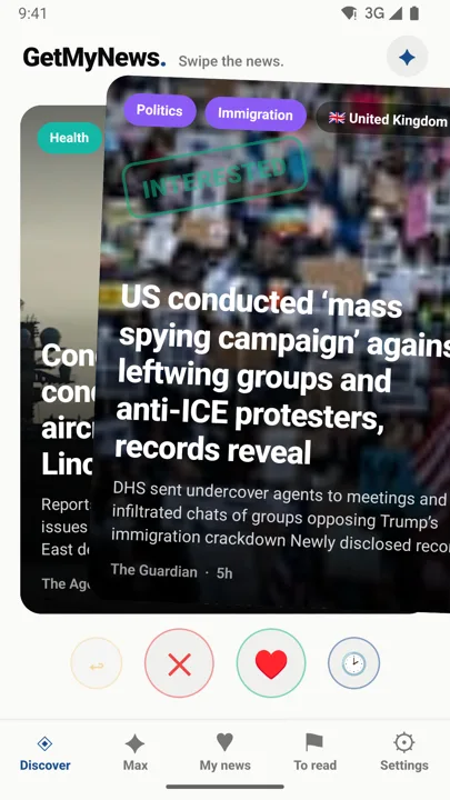 GetMyNews free news app without an account, swiping a full-screen world news card