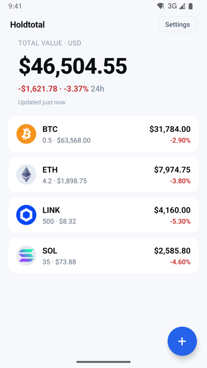 Holdtotal app showing a crypto portfolio total