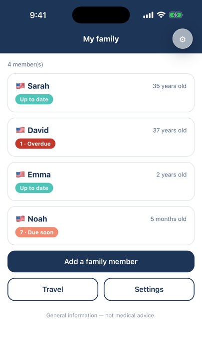 Vaxnext app showing a family vaccination schedule